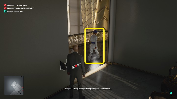 Turn left, by one guard and lurk in an alcove for a second enemy - Hitman 3: Best Disguises, Dubai (Burj Al-Ghazali) - On Top of the World - Dubai - Hitman 3 Guide