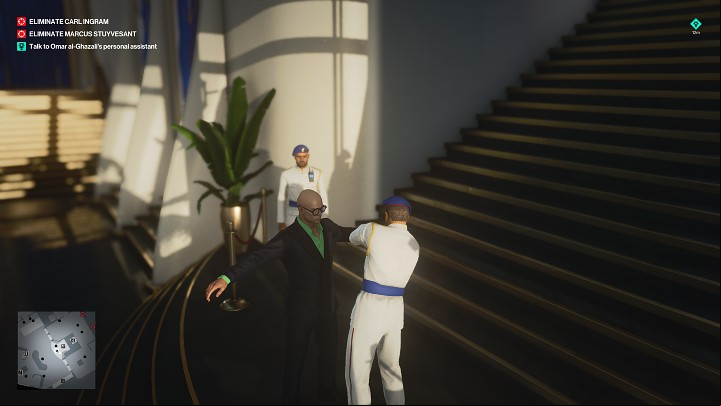 To get to the reception and talk to Omar Al-Ghazali's personal assistant, you cannot have any illegal items on you (you can leave them in the bushes, for example) or you need to somehow lure the guards away from the stairs - Hitman 3: Bird Of Prey - Dubai, Mission Stories, walkthrough - On Top of the World - Dubai - Hitman 3 Guide