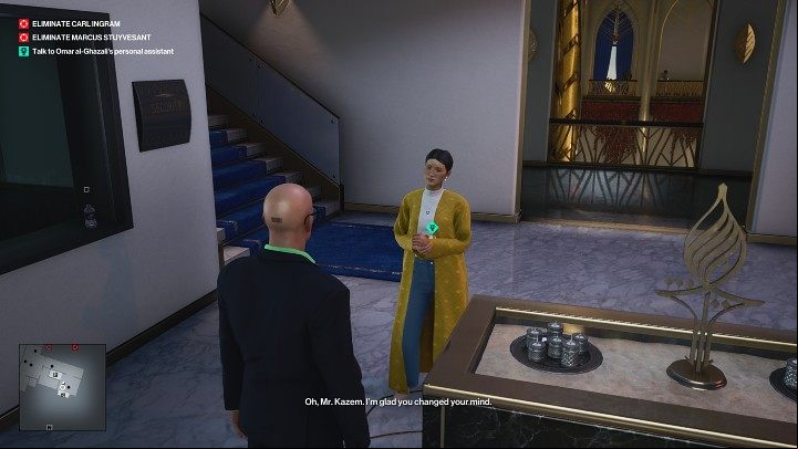 Speak to Omar's assistant - the woman will inform you that Carl Ingram is expecting your arrival, and a moment later she will lead you to the conference room - Hitman 3: Bird Of Prey - Dubai, Mission Stories, walkthrough - On Top of the World - Dubai - Hitman 3 Guide