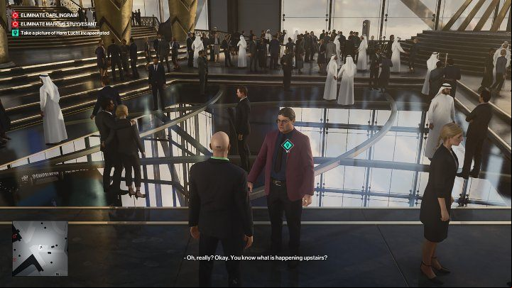 Your target is Hans Lucht, whom you will find on the floor where the opening party is underway - Hitman 3: Bird Of Prey - Dubai, Mission Stories, walkthrough - On Top of the World - Dubai - Hitman 3 Guide