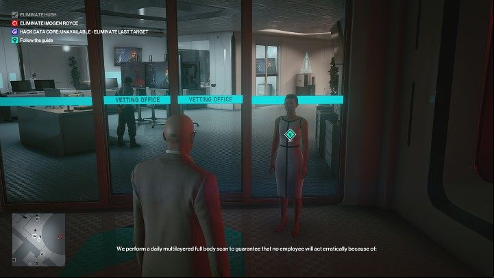 When the woman informs you that they perform a multi-layered full-body scan every day, you will have to make sure that your true identity is not discovered by the AI - Hitman 3: Certainty Principle - Chongqing, Mission Stories, solution - End Of An Era - Chongqing - Hitman 3 Guide