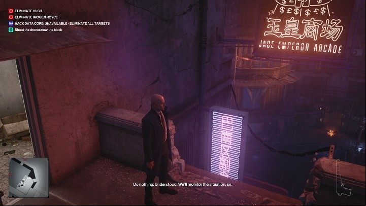 Once the guards are no longer suspicious, go outside, lower yourself in the spot shown in the image above, and move to the right side to the gutter - Hitman 3: All-Seeing Eyes - Chongqing, Mission Story, walkthrough - End Of An Era - Chongqing - Hitman 3 Guide
