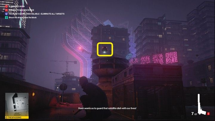 Crouch down in the spot shown in the image above and shoot down the last drone - Hitman 3: All-Seeing Eyes - Chongqing, Mission Story, walkthrough - End Of An Era - Chongqing - Hitman 3 Guide