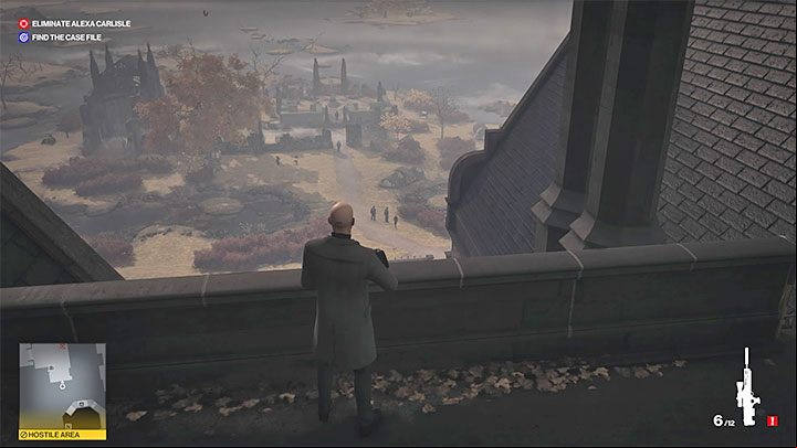 Take the sniper rifle from the stash and climb to the mansion's roof (point 41 on the map) - Hitman 3: Assassinating Alexa Carlisle - Death in the Family - Dartmoor - Hitman 3 Guide