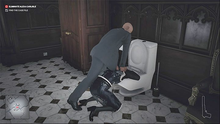 After Alexa drinks the poisoned whiskey, head to the bathroom(point 18 on the map) - Hitman 3: Assassinating Alexa Carlisle - Death in the Family - Dartmoor - Hitman 3 Guide