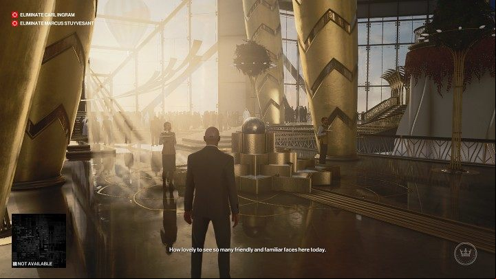 Once inside the skyscraper, head up the stairs to where the opening reception party is - Hitman 3: Map of Dubai - how to unlock? - On Top of the World - Dubai - Hitman 3 Guide