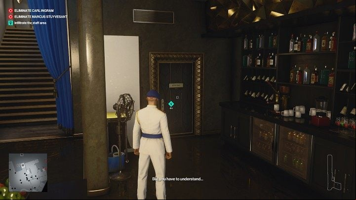 Go down to the bar area and through the door behind the counter (on the left), then go to the service room - Hitman 3: Poison, Dubai (Burj Al-Ghazali) - how to get? - On Top of the World - Dubai - Hitman 3 Guide