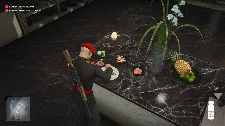 Once the cook has gone to the restroom, you can prepare a meal for Carl Ingram - Hitman 3: Carl Ingram - how to kill him? Dubai, walkthrough - On Top of the World - Dubai - Hitman 3 Guide