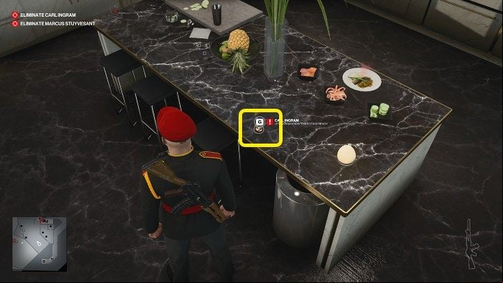 Now ring the little bell on the counter to call Carl Ingram to the dining room for dinner - Hitman 3: Carl Ingram - how to kill him? Dubai, walkthrough - On Top of the World - Dubai - Hitman 3 Guide