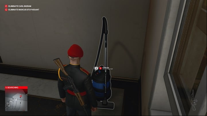 Walk up to the vacuum cleaner and turn it on - it's best to move away immediately, as this action will alert all guards and staff - Hitman 3: Carl Ingram - how to kill him? Dubai, walkthrough - On Top of the World - Dubai - Hitman 3 Guide