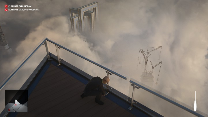 Immediately, head to the observation deck and unscrew the screw from the railing on the left - Hitman 3: Carl Ingram - how to kill him? Dubai, walkthrough - On Top of the World - Dubai - Hitman 3 Guide