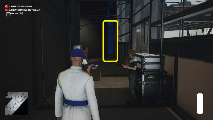 Turn left and walk straight (between two female workers) to the hallway at the end of this room - Hitman 3: Marcus Stuyvesant - how to kill him? Dubai, walkthrough - On Top of the World - Dubai - Hitman 3 Guide