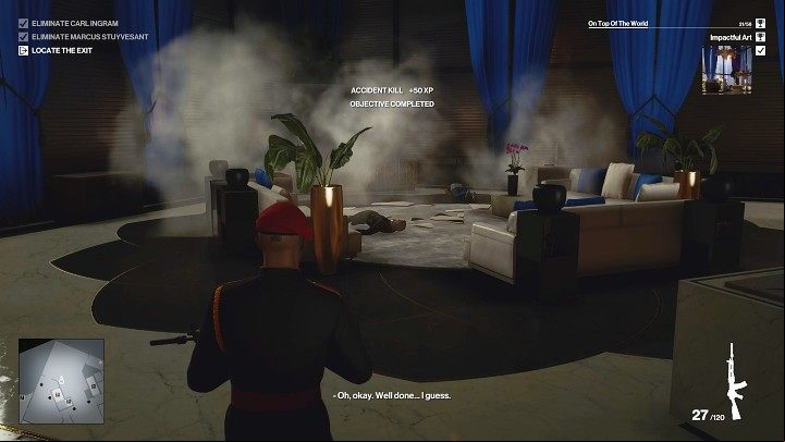 Now all you have to do is shoot through the chain on which the heavy chandelier hangs - Hitman 3: Marcus Stuyvesant - how to kill him? Dubai, walkthrough - On Top of the World - Dubai - Hitman 3 Guide