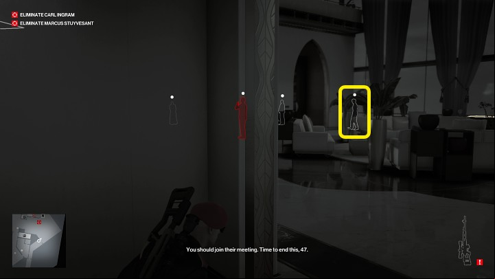 Walk forward until you reach the main living room of the penthouse - Hitman 3: Marcus Stuyvesant - how to kill him? Dubai, walkthrough - On Top of the World - Dubai - Hitman 3 Guide