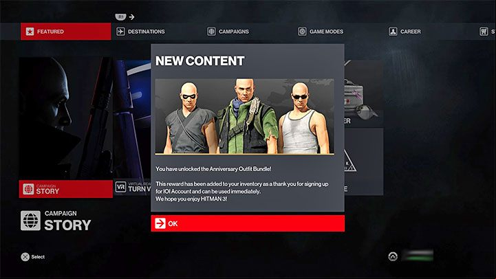 Additional information - If you have correctly created an on IOI, you can get the Anniversary Outfit Bundle for free the next time you to the game - Hitman 3: Transferring progress from Hitman 1 and Hitman 2 - Appendix - Hitman 3 Guide