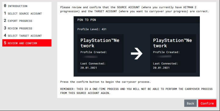 Step 8 - You will move to Review and Confirm tab - Hitman 3: Transferring progress from Hitman 1 and Hitman 2 - Appendix - Hitman 3 Guide