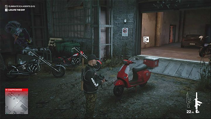 The scooter is parked at the garage door of the biker hangout, which is also a back area of the club(point 17 on the map) - Hitman 3: Berlin - ways of leaving the mission zone - Apex Predator - Berlin - Hitman 3 Guide