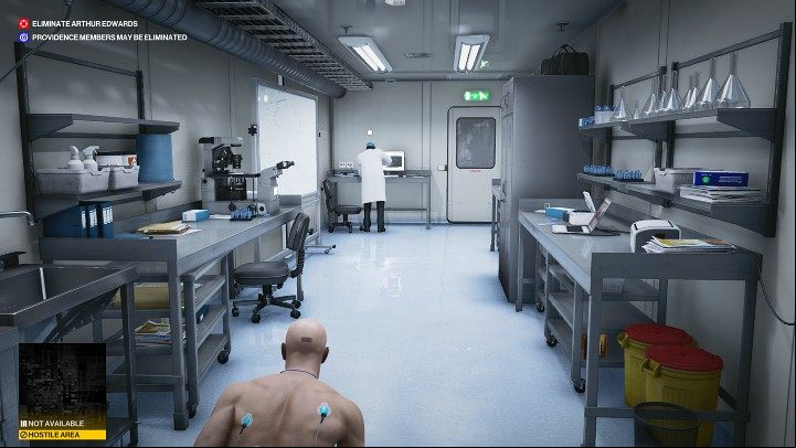 After Agent 47 wakes up in one of the lab rooms, get out of bed and go through the glass door - Hitman 3: Eliminating Arthur Edwards Carpathian Mountains, walkthrough - Untouchable - Carpathian Mountains - Hitman 3 Guide