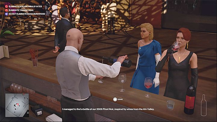 You can immediately use your new disguise to poison Tamara when she appears in the wine tasting room (make sure you have lethal poison and a bottle of blue wine) - Hitman 3: Mendoza - best disguises - The Farewell - Mendoza - Hitman 3 Guide