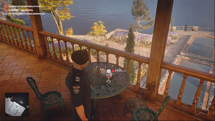 You can poison Yates by spiking the wine glass found on the north balcony on the first floor of the villa - Hitman 3: How to kill Don Archibald Yates? Mendoza, walkthrough, guide - The Farewell - Mendoza - Hitman 3 Guide