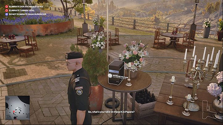 You will find a Voltage Regulator near the microphone stand - Hitman 3: How to kill Don Archibald Yates? Mendoza, walkthrough, guide - The Farewell - Mendoza - Hitman 3 Guide