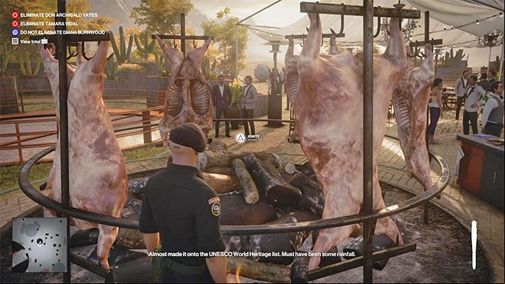 Return to the Asado (point nr 41 on the map), approach the bonfire and use the torch to light it - Hitman 3: How to kill Don Archibald Yates? Mendoza, walkthrough, guide - The Farewell - Mendoza - Hitman 3 Guide