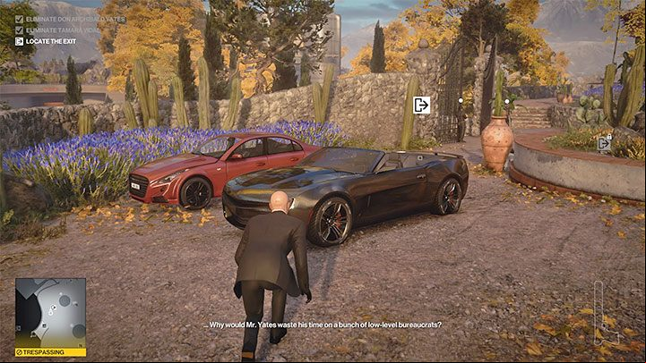You can escape using the black convertible that is parked in the courtyard in front of the mansion (point 45 on the map) - Hitman 3: Mendoza map - how to leave? - The Farewell - Mendoza - Hitman 3 Guide