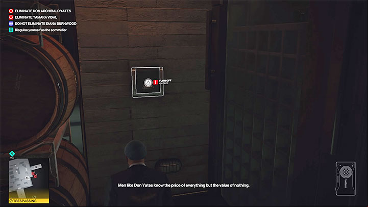 The waiter and the sommelier are staying in the wine fridge and it would be a good idea to get rid of them first - Hitman 3: How to disable the Laser grid? - The Farewell - Mendoza - Hitman 3 Guide
