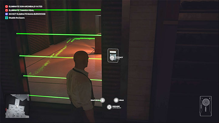 Don't go through the laser grid, but instead use the keypad to their right - Hitman 3: How to disable the Laser grid? - The Farewell - Mendoza - Hitman 3 Guide