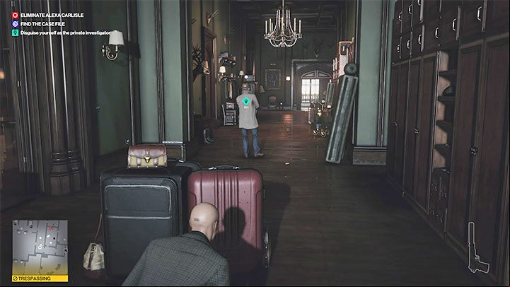 The best place to attack the investigator and remain unnoticed is to lure him to the side hallway with the showcases adjacent to the foyer(point 21 on the map) - Hitman 3: Means, Motive and Opportunity - Dartmoor, mission story, walkthrough - Death in the Family - Dartmoor - Hitman 3 Guide