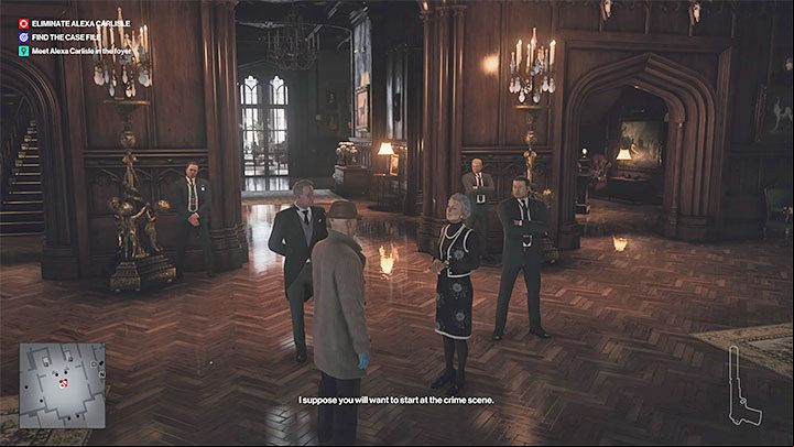 After you put on the detective outfit, head to the foyer (point 16 on the map) - Hitman 3: Means, Motive and Opportunity - Dartmoor, mission story, walkthrough - Death in the Family - Dartmoor - Hitman 3 Guide