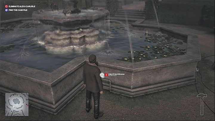 Now find the valve at the base of the fountain and sabotage it to get it to leak next to the damaged extension cord - Hitman 3: A Day to - Dartmoor, Mission Stories, walkthrough - Death in the Family - Dartmoor - Hitman 3 Guide