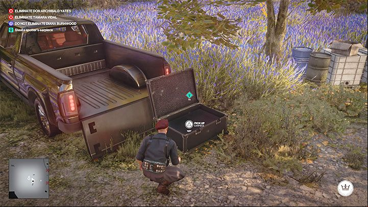 Regardless of whether you eliminated both gauchos or just distracted them, get to the open container next to the pick-up truck - Hitman 3: Eyes on Target - Mendoza, walkthrough, mission stories - The Farewell - Mendoza - Hitman 3 Guide