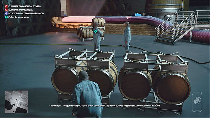 Eavesdrop on another conversation on the first floor of the fermentation room - Hitman 3: Over the Top - Mendoza, walkthrough, mission story - The Farewell - Mendoza - Hitman 3 Guide
