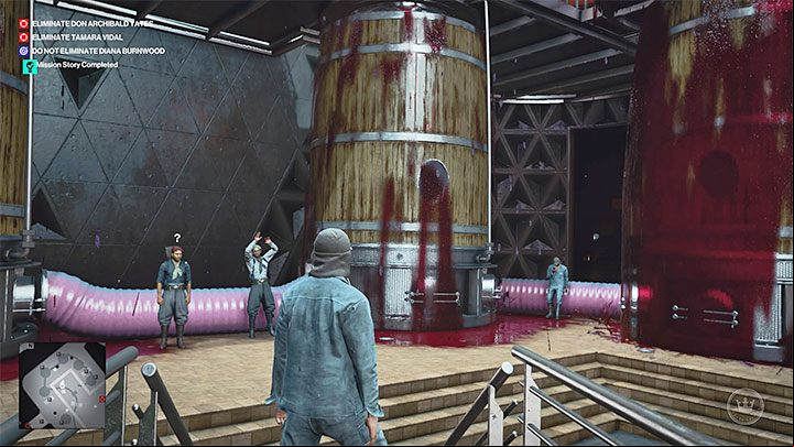 By sabotaging the pump, the huge barrels will overflow and a large amount of wine will be spilled all over the room - Hitman 3: Over the Top - Mendoza, walkthrough, mission story - The Farewell - Mendoza - Hitman 3 Guide