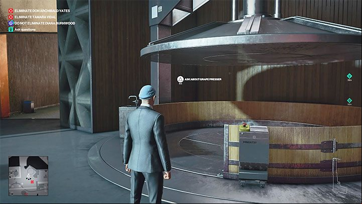 The third possible option is associated with the grape presser located in the fermentation room (no - Hitman 3: The Tour - Mendoza, walkthrough, mission story - The Farewell - Mendoza - Hitman 3 Guide