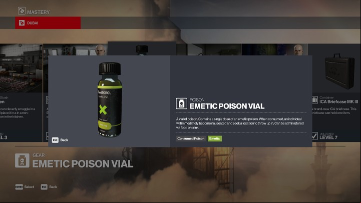 Emetic Poison Vial is a poison that induces vomiting in the target and forces them to go to the nearest toilet - Hitman 3: Mastery level rewards - which ones are they? - FAQ - Hitman 3 Guide