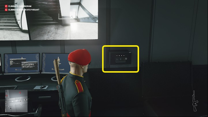 On the Dubai map, you will find two security rooms with safes (on level 2 and level 3) that contain VIP Evacuation Protocol cards that allow you to activate the evacuation alarm on the top floor (penthouse) of the suite - Hitman 3: List of all the codes to safes and electronic locks - Basics - Hitman 3 Guide