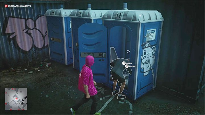 Feeling sick, Agent Swan will head towards the portable toilets (point marked 24 on the map) - Hitman 3: Killing Agent Swan (The Swan Song) - Berlin, a guide - Apex Predator - Berlin - Hitman 3 Guide