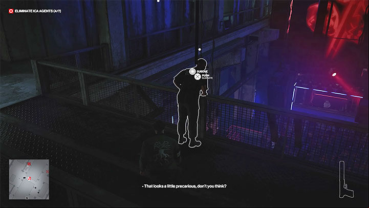 The easiest way to get rid of Agent Banner is to push him over the railing - Hitman 3: Assassination of Agent Banner (The Wall) - Berlin, walkthrough - Apex Predator - Berlin - Hitman 3 Guide