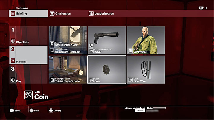 The option to choose your equipment is only available at Hokkaidos Mastery Level 20 - Location map - M8 | Hokkaido - Hokkaido: Situs Inversus - Hitman Game Guide