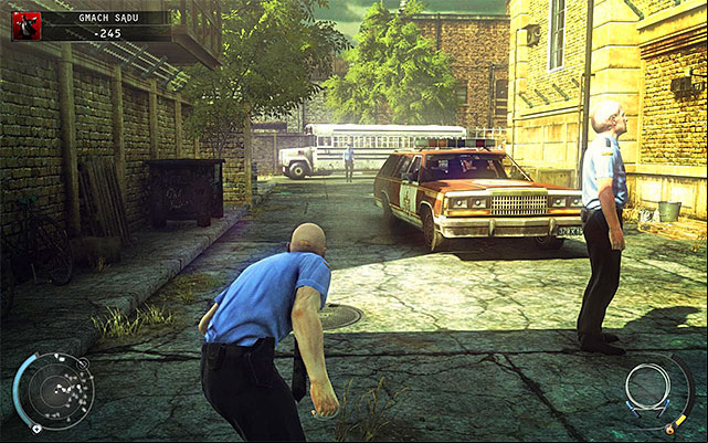 Head to the parking lot, which is patrolled by many guards, even on lower difficulty levels - Courthouse - Getting to the holding cells in judge disguise | 15: Skurkys Law - 15: Skurkys Law - Hitman: Absolution Game Guide