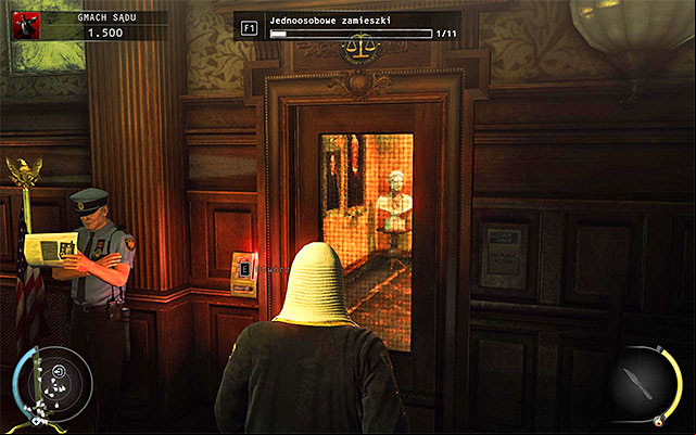 After stunning or murdering the judge, examine his body to find a keycard and then hide his body - Courthouse - Getting to the holding cells in judge disguise | 15: Skurkys Law - 15: Skurkys Law - Hitman: Absolution Game Guide