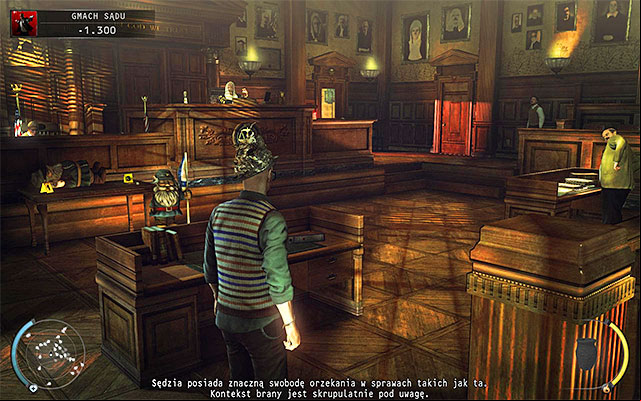 Exit the toilet and return to the courtroom accompanied by a guard - Courthouse - Getting to the holding cells in defendant disguise | 15: Skurkys Law - 15: Skurkys Law - Hitman: Absolution Game Guide