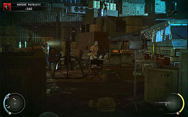 Repeat actions described above: thrown any object and hide behind crates near the trailer - Patriots Hangar - Using Patriots clothes | 13: Fight Night - 13: Fight Night - Hitman: Absolution Game Guide