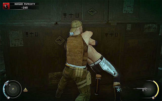 Same as with regular enemy, it would be best to wait, until Patriot goes to some secluded place - Patriots Hangar - Using Patriots clothes | 13: Fight Night - 13: Fight Night - Hitman: Absolution Game Guide