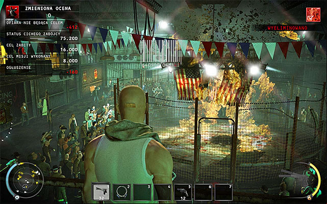 Throw the remote explosive or C4 bricks inside the cage, where Sanchez fights with Patriot - The Arena - Murdering Sanchez in traditional way | 13: Fight Night - 13: Fight Night - Hitman: Absolution Game Guide