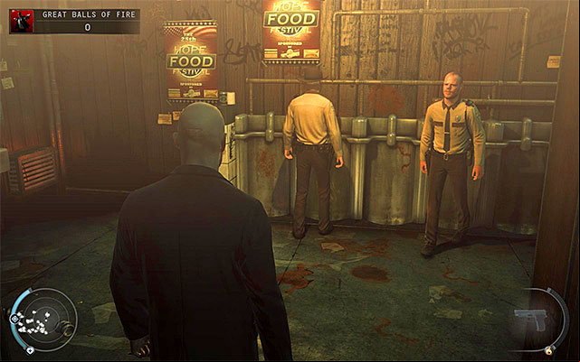 After getting to the toilets, you have to decide how to behave there - Great Balls of Fire - Getting to the bartender without a fight | 7: Welcome to Hope - 7: Welcome to Hope - Hitman: Absolution Game Guide