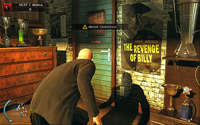 The next step is using the right door leading to the back of the gun store - Gun Shop - Getting the key to the cabinet | 8: Birdies Gift - 8: Birdies Gift - Hitman: Absolution Game Guide
