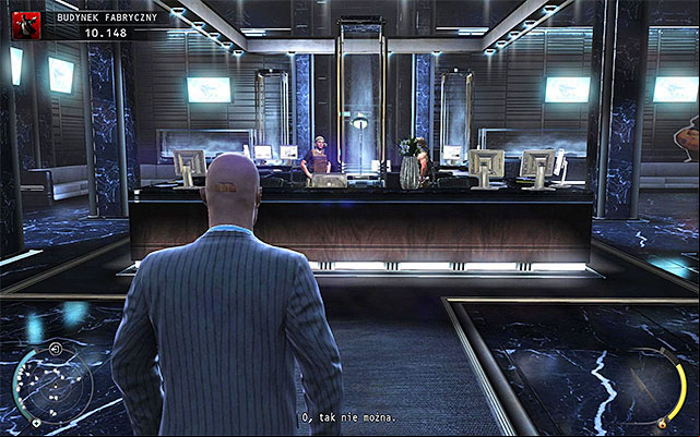 If you do not have to sneak in the lobby (arms dealer disguise), then you can go to the elevator visible in a distance right away - Factory Compound - Accessing the elevator in lobby | 11: Dexter Industries - 11: Dexter Industries - Hitman: Absolution Game Guide